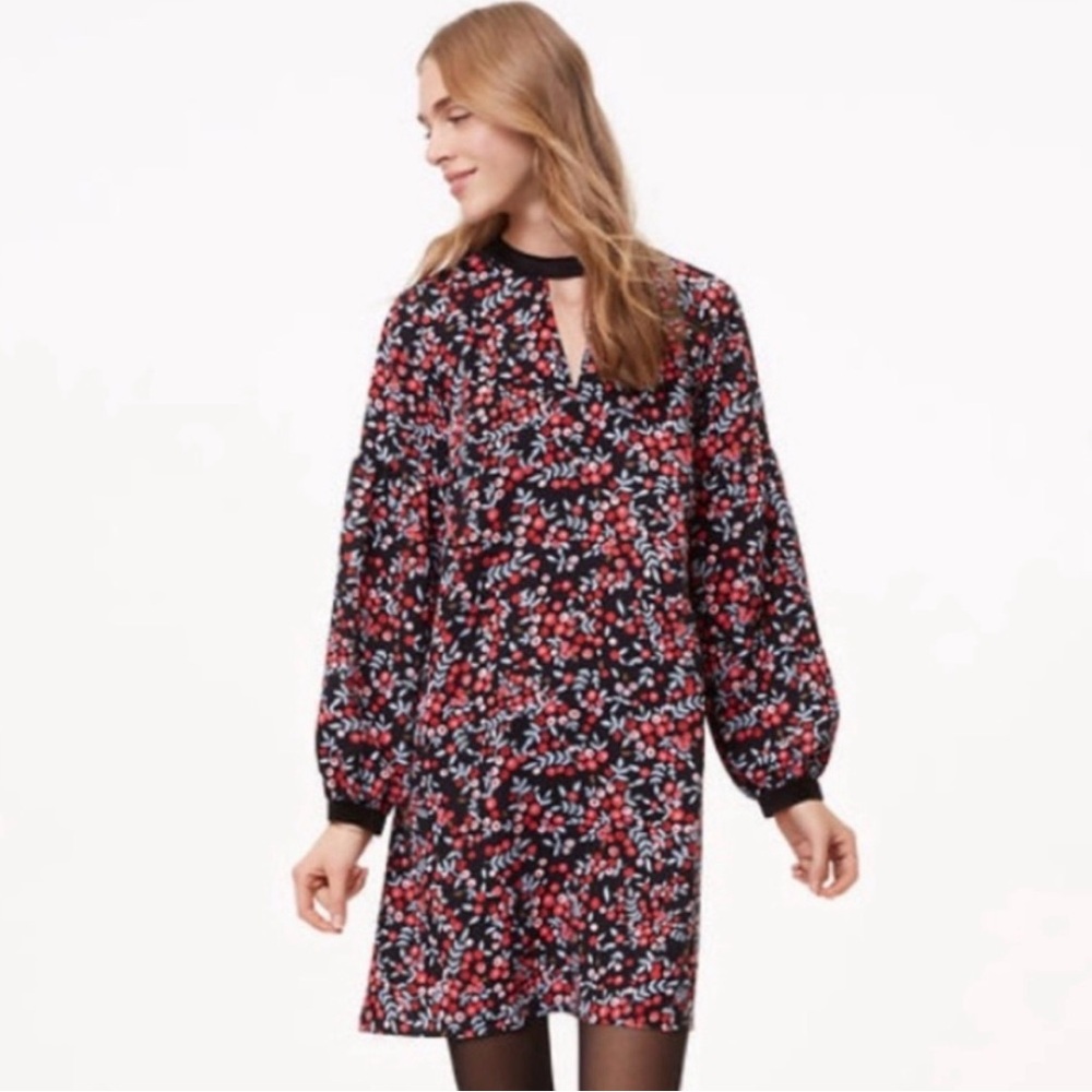 Loft Black Colorful Floral Keyhole Velvet Trim Mini Dress